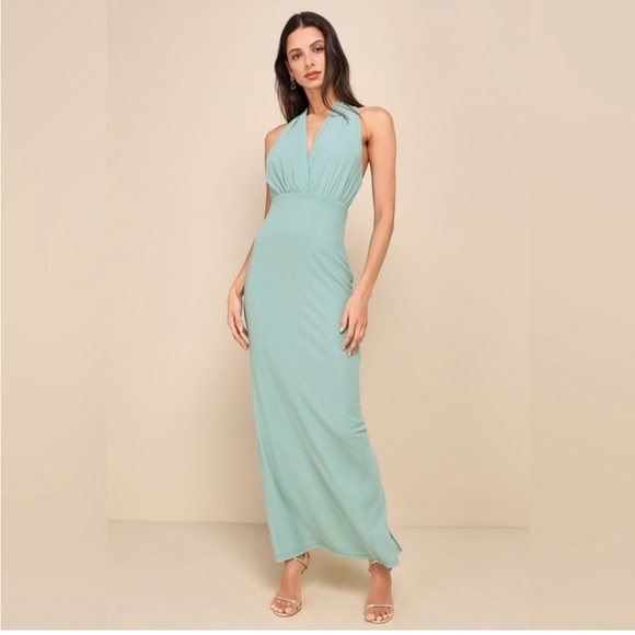 Lulus Dresses & Skirts - NWT-Celebratory Love Sage Green Mesh Ruched Halter Dress